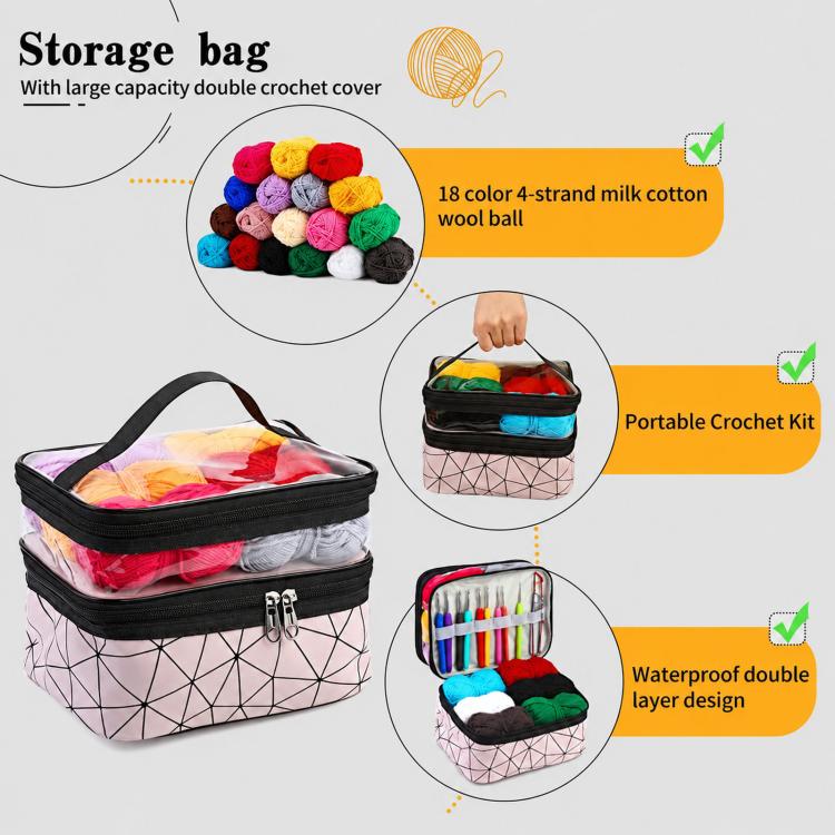 Kit per uncinetto 105 in 1 per principianti con filato in 18 colori e borsa portaoggetti a doppio strato., 105 In 1