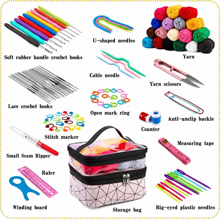 Kit per uncinetto 105 in 1 per principianti con filato in 18 colori e borsa portaoggetti a doppio strato., 105 In 1