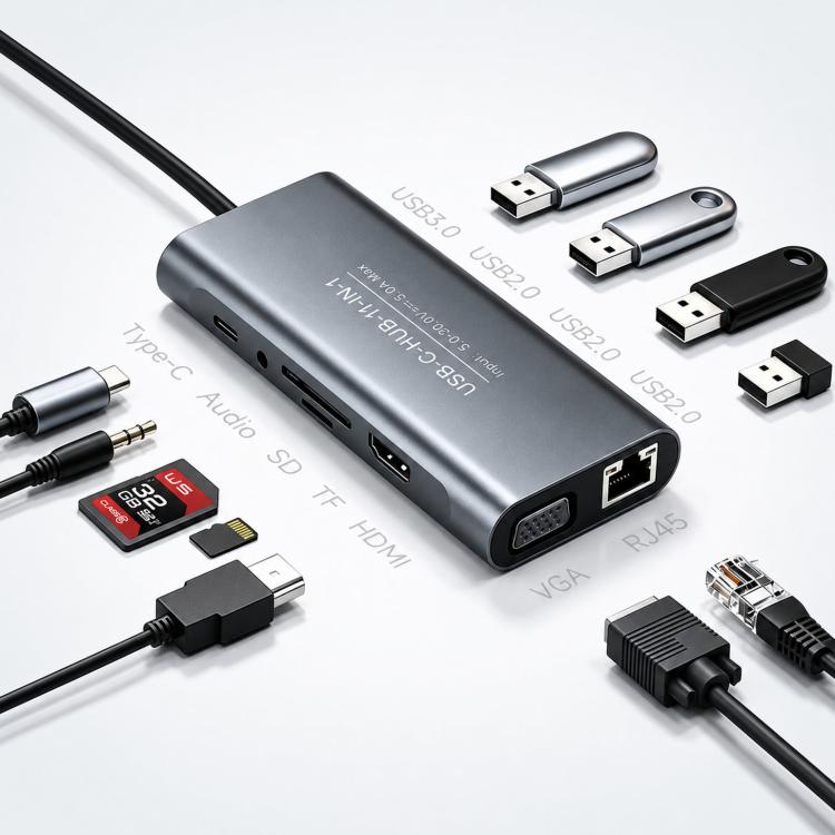 Waveshare 11-In-1 USB-C/Type-C Hub With 4K HDMI-Compatible, VGA, 100W PD Charging, RJ45 100Mbps Ethernet, SD/TF Reader