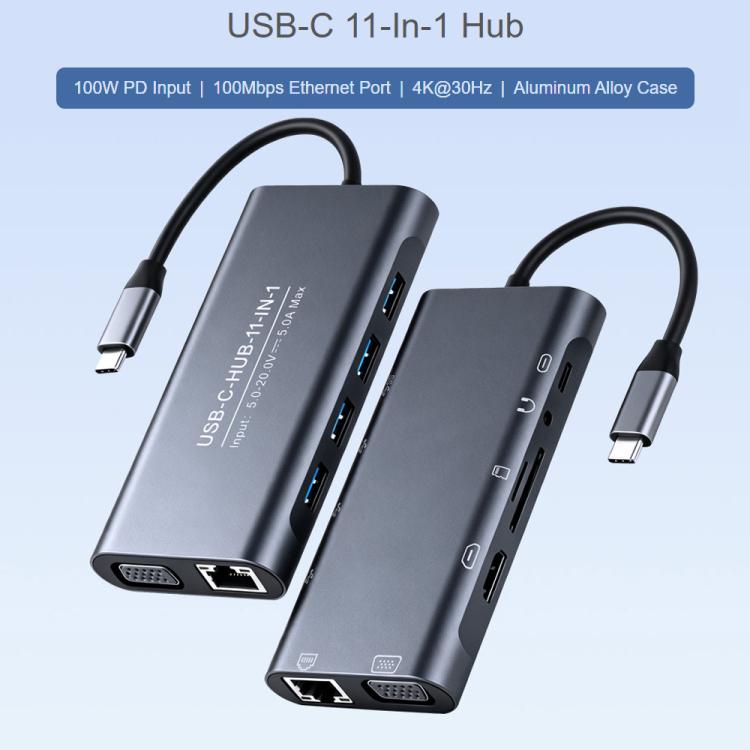 Waveshare 11-In-1 USB-C/Type-C Hub With 4K HDMI-Compatible, VGA, 100W PD Charging, RJ45 100Mbps Ethernet, SD/TF Reader