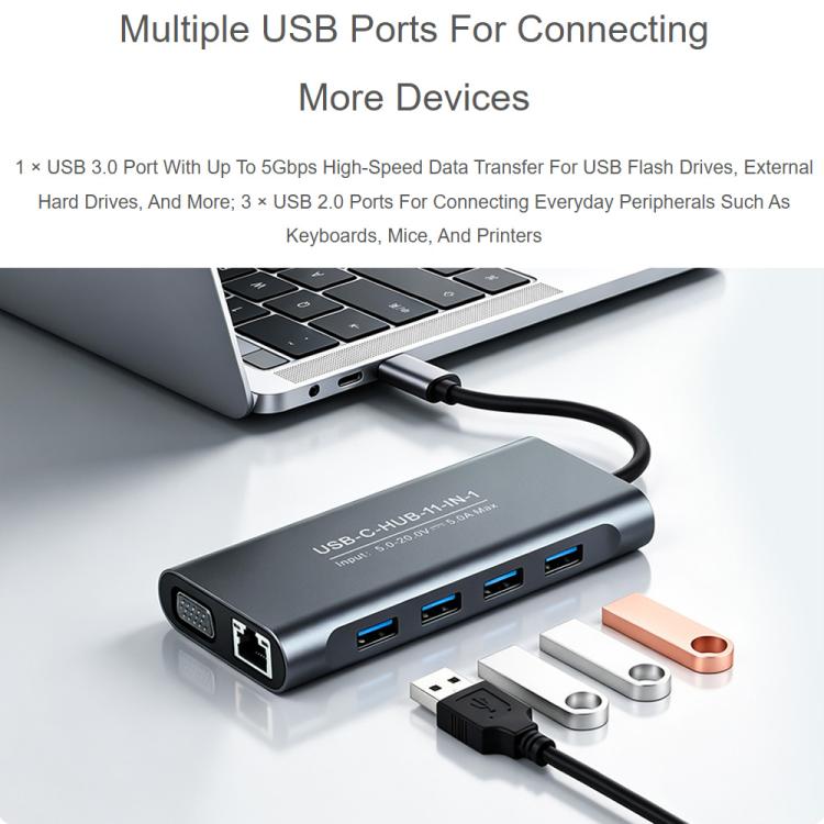 Waveshare 11-In-1 USB-C/Type-C Hub With 4K HDMI-Compatible, VGA, 100W PD Charging, RJ45 100Mbps Ethernet, SD/TF Reader