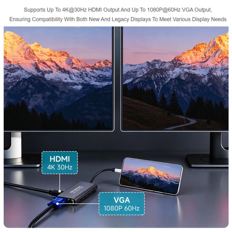 Waveshare 11-In-1 USB-C/Type-C Hub With 4K HDMI-Compatible, VGA, 100W PD Charging, RJ45 100Mbps Ethernet, SD/TF Reader