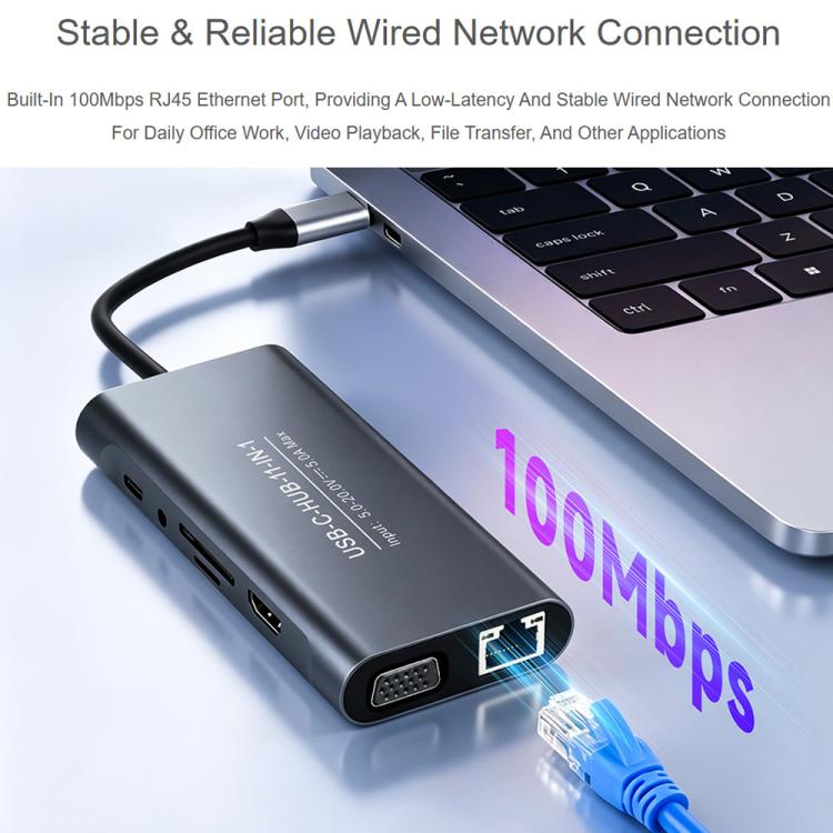 Waveshare 11-In-1 USB-C/Type-C Hub With 4K HDMI-Compatible, VGA, 100W PD Charging, RJ45 100Mbps Ethernet, SD/TF Reader