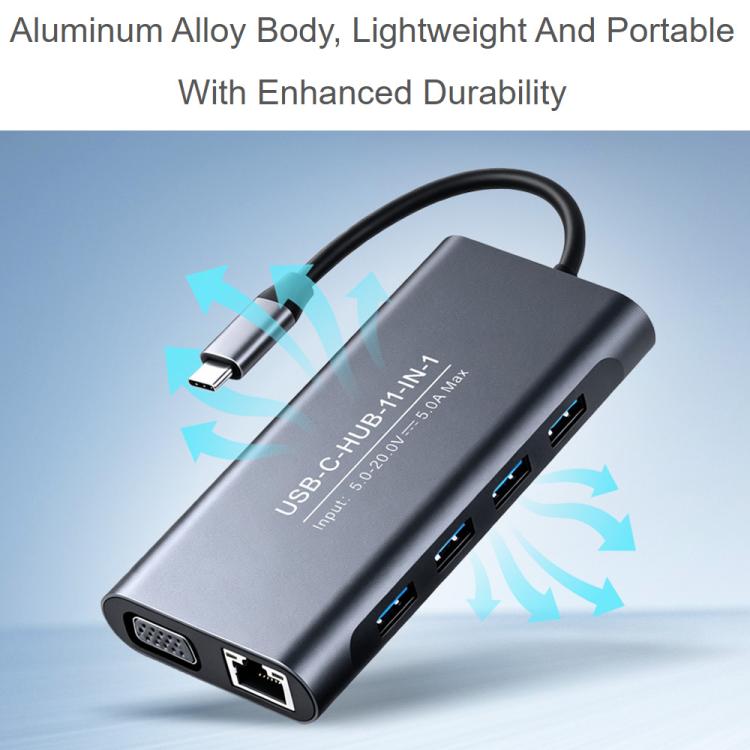 Waveshare 11-In-1 USB-C/Type-C Hub With 4K HDMI-Compatible, VGA, 100W PD Charging, RJ45 100Mbps Ethernet, SD/TF Reader