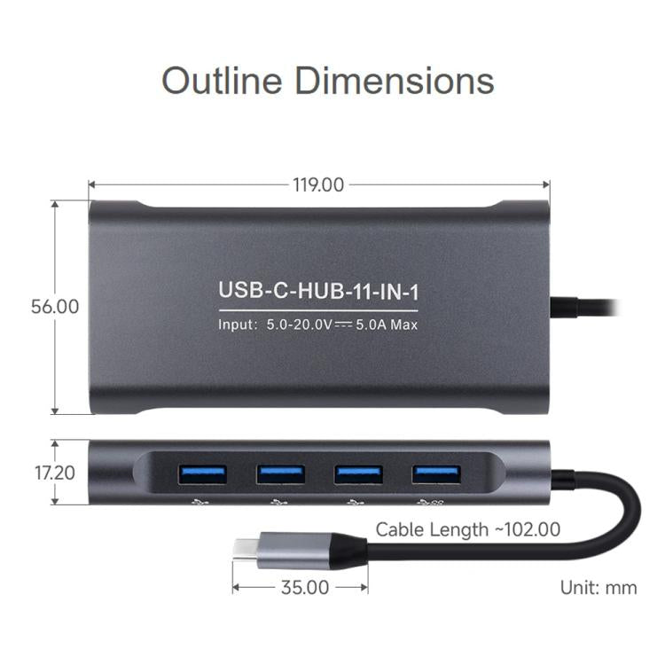Waveshare 11-In-1 USB-C/Type-C Hub With 4K HDMI-Compatible, VGA, 100W PD Charging, RJ45 100Mbps Ethernet, SD/TF Reader