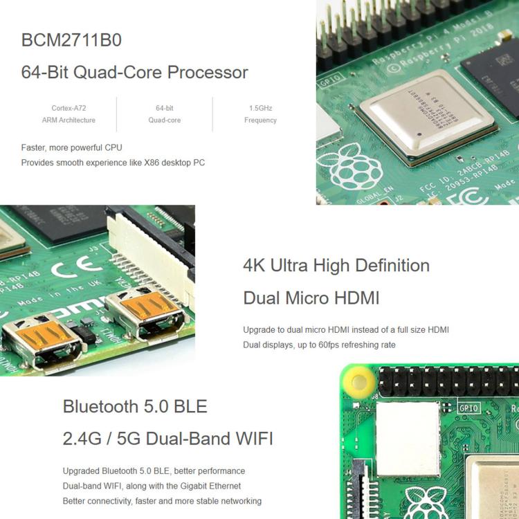 Waveshare Raspberry Pi 4 Model B 3GB RAM BCM2711B0 64-Bit Quad-Core Processor