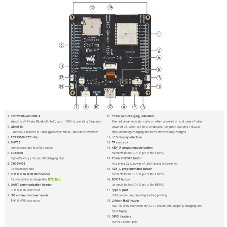 Waveshare ESP32-C6 2.73inch LCD Display Development Board RISC-V 32-Bit Processor, 320 × 320 Resolution, 35302