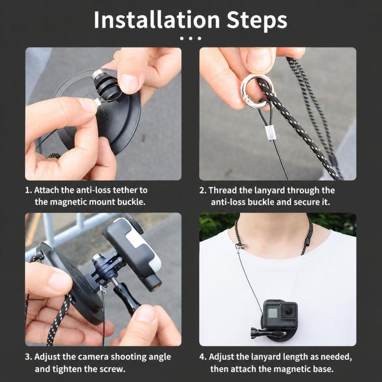 Supporto magnetico da collo CQT per action camera, a mani libere, POV, con sgancio rapido e cordino., Single Bracket, With Adapter Set
