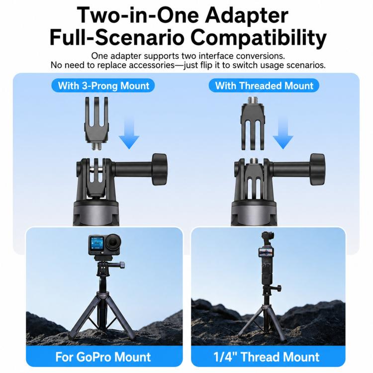 LKTOP Action Camera Treppiede Selfie Stick estensibile da 17,5 a 50 cm con impugnatura ergonomica e doppio adattatore 2 in 1.
