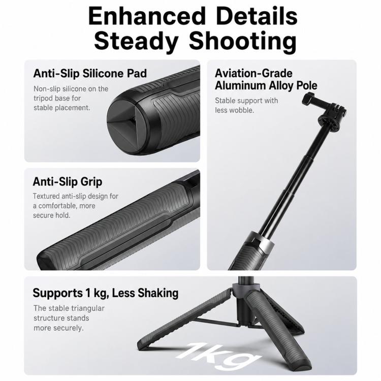LKTOP Action Camera Treppiede Selfie Stick estensibile da 17,5 a 50 cm con impugnatura ergonomica e doppio adattatore 2 in 1.