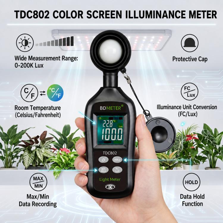 Handheld Portable Color Screen Lux Meter High-Precision Auto-Range Illuminance Tester, BDMETER TDC802
