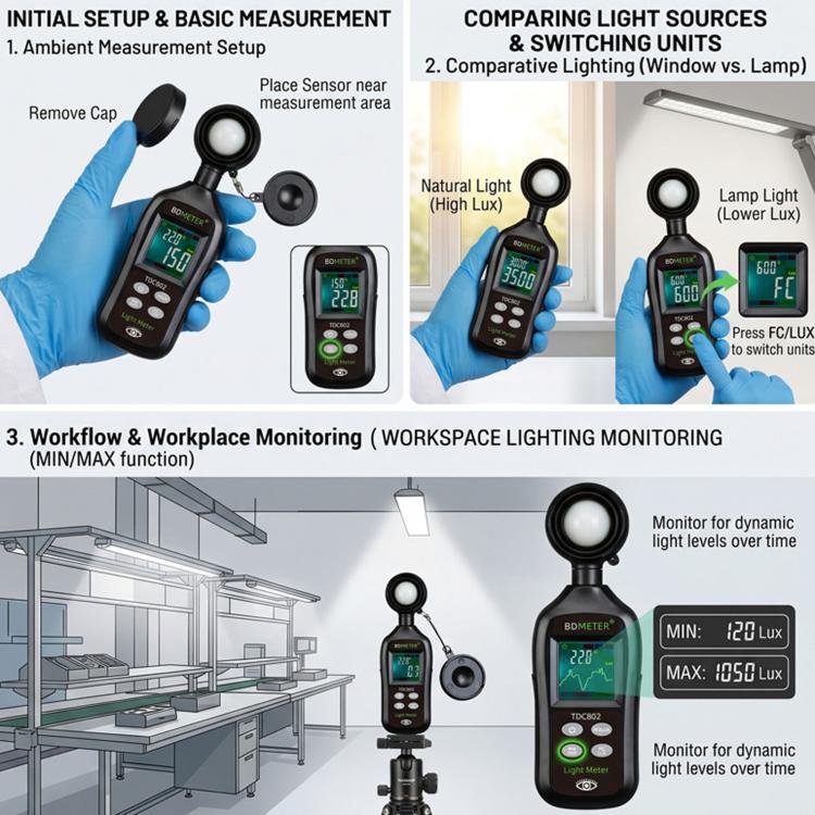 Handheld Portable Color Screen Lux Meter High-Precision Auto-Range Illuminance Tester, BDMETER TDC802