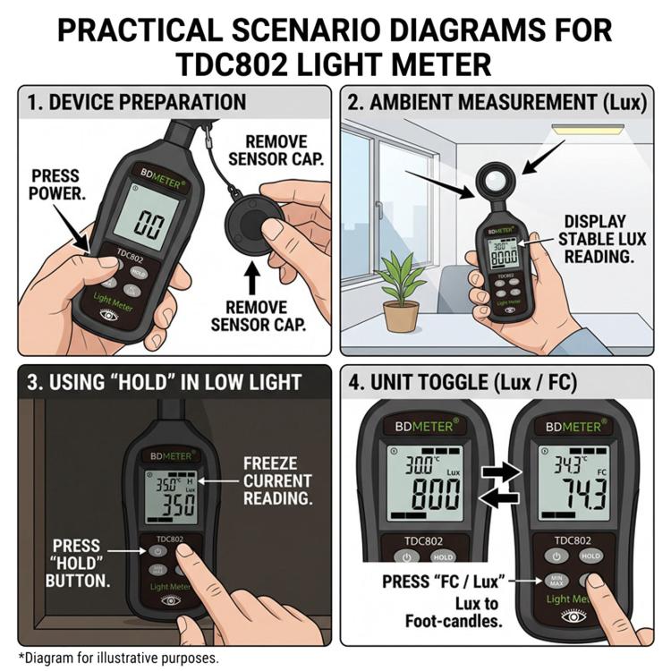Handheld Portable Color Screen Lux Meter High-Precision Auto-Range Illuminance Tester, BDMETER TDC802