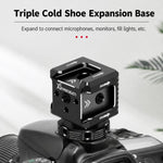 Adattatore per slitta a caldo tripla Xinwenxuan in alluminio con filettatura da 1/4" e foro di posizionamento ARRI per luce microfono., Triple Cold Shoe Mount