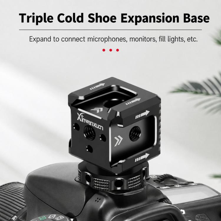 Adattatore per slitta a caldo tripla Xinwenxuan in alluminio con filettatura da 1/4" e foro di posizionamento ARRI per luce microfono., Triple Cold Shoe Mount