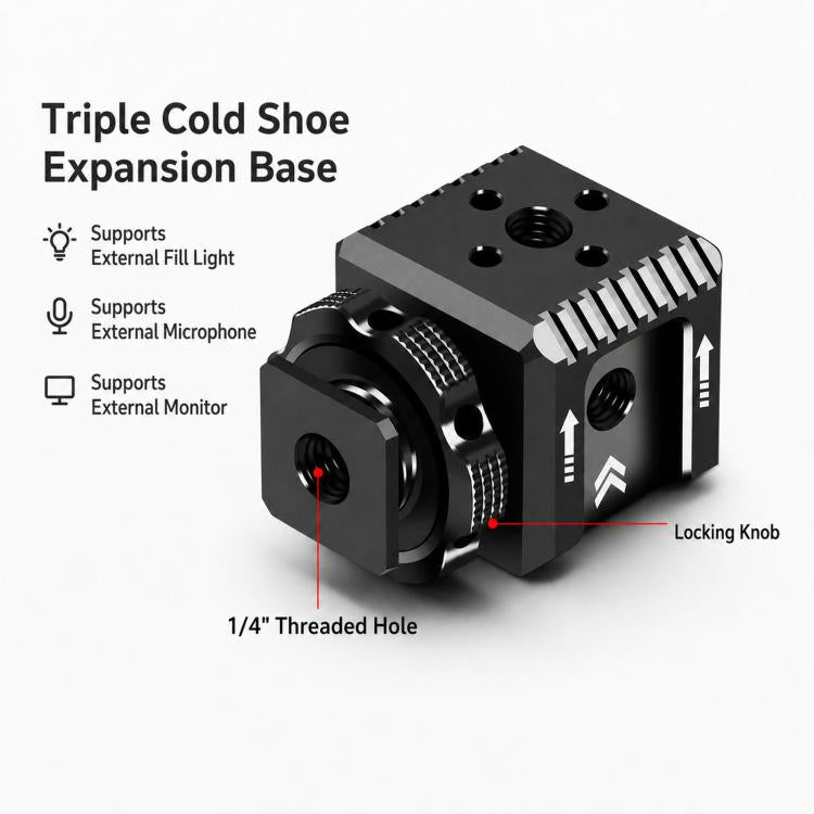 Adattatore per slitta a caldo tripla Xinwenxuan in alluminio con filettatura da 1/4" e foro di posizionamento ARRI per luce microfono., Triple Cold Shoe Mount