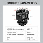 Adattatore per slitta a caldo tripla Xinwenxuan in alluminio con filettatura da 1/4" e foro di posizionamento ARRI per luce microfono., Triple Cold Shoe Mount