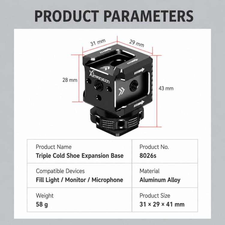 Adattatore per slitta a caldo tripla Xinwenxuan in alluminio con filettatura da 1/4" e foro di posizionamento ARRI per luce microfono., Triple Cold Shoe Mount