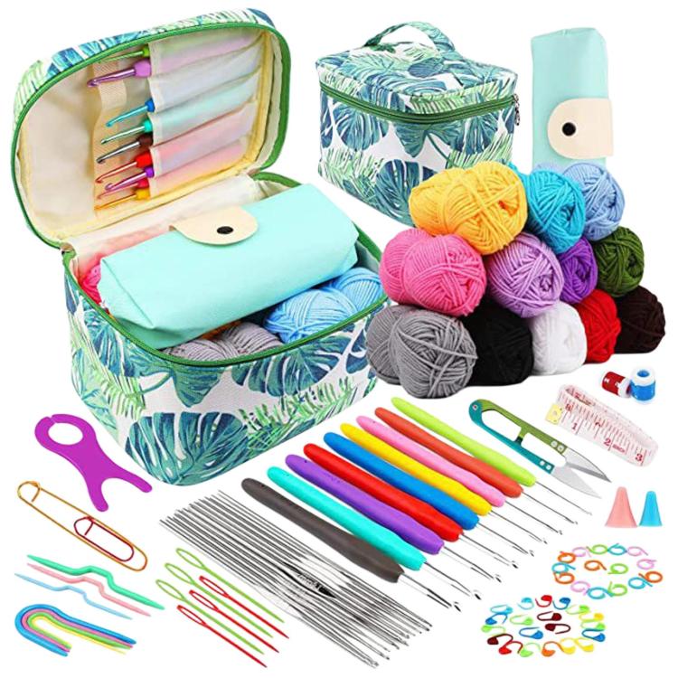 Set di uncinetto per principianti con aghi da cucito in plastica, segnapunti e sacchetto per riporre gli accessori., 87 in 1