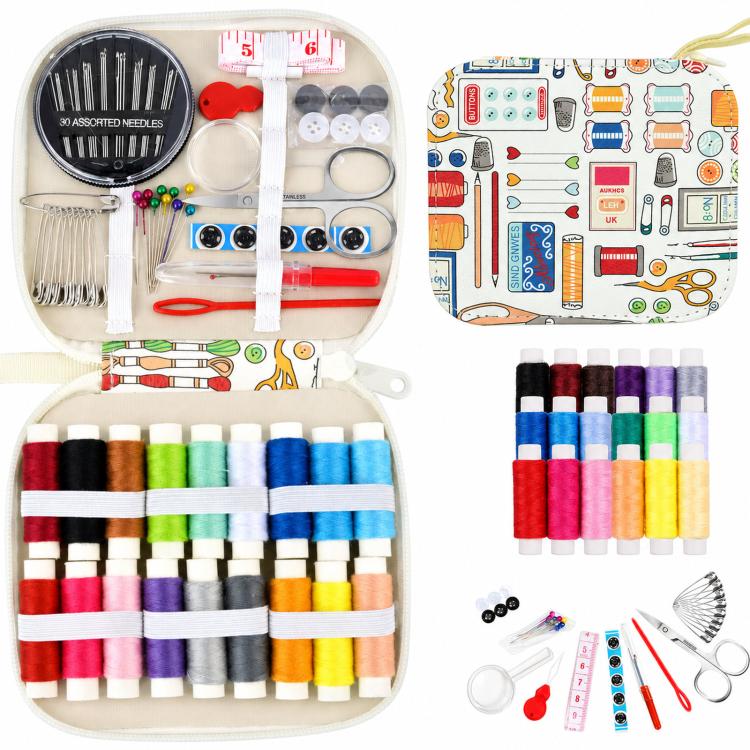 Kit da cucito da viaggio 86 in 1 con custodia con cerniera stampata, set portatile per riparazioni di cucito a mano., 86 In 1