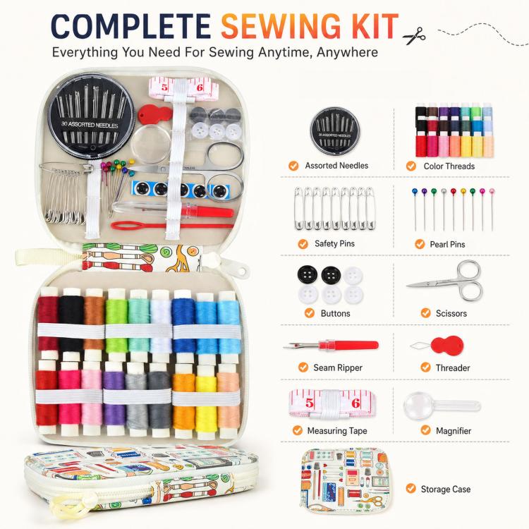 Kit da cucito da viaggio 86 in 1 con custodia con cerniera stampata, set portatile per riparazioni di cucito a mano., 86 In 1