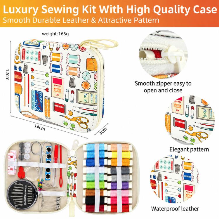 Kit da cucito da viaggio 86 in 1 con custodia con cerniera stampata, set portatile per riparazioni di cucito a mano., 86 In 1