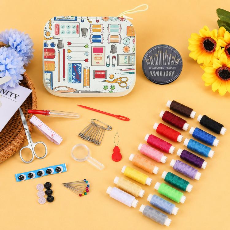 Kit da cucito da viaggio 86 in 1 con custodia con cerniera stampata, set portatile per riparazioni di cucito a mano., 86 In 1
