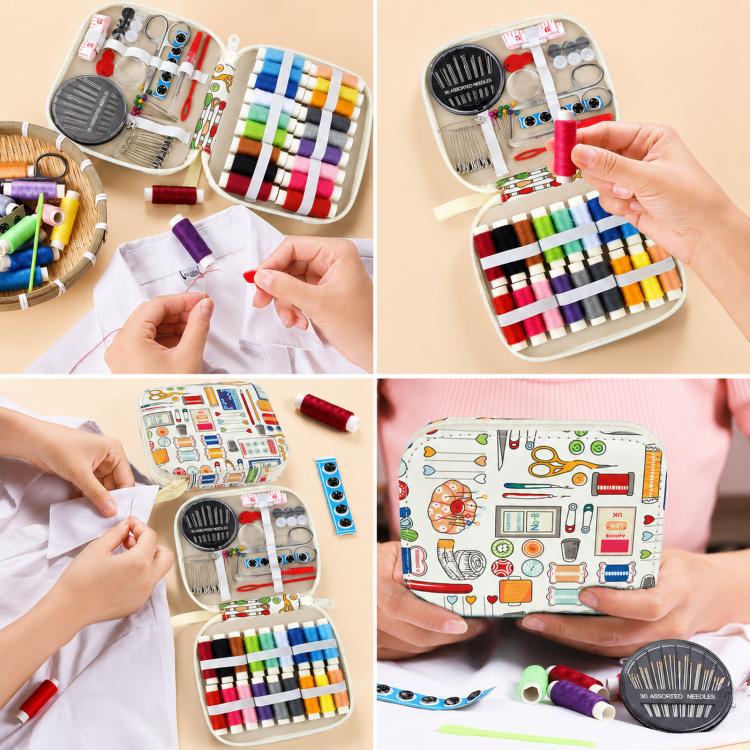 Kit da cucito da viaggio 86 in 1 con custodia con cerniera stampata, set portatile per riparazioni di cucito a mano., 86 In 1