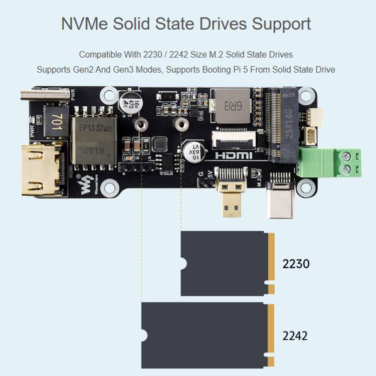 Adattatore multifunzione da PCIE a M.2 per Raspberry Pi con uscita 4K e alimentazione PoE integrata., 35344