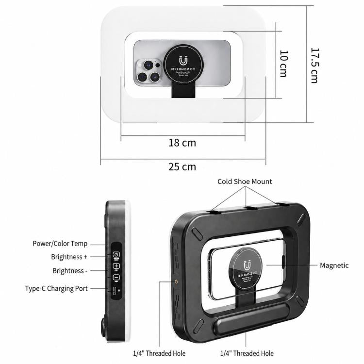 Luce video magnetica per smartphone, ricaricabile, portatile., ZGRL-01 RGB