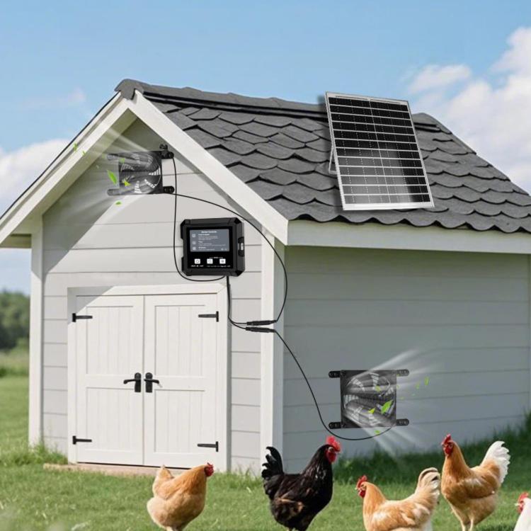 Sistema di raffreddamento per pollaio ad energia solare con doppia ventola, avvio/arresto automatico con sensore di luce e timer regolabile.