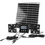 Sistema di raffreddamento per pollaio ad energia solare con doppia ventola, avvio/arresto automatico con sensore di luce e timer regolabile.