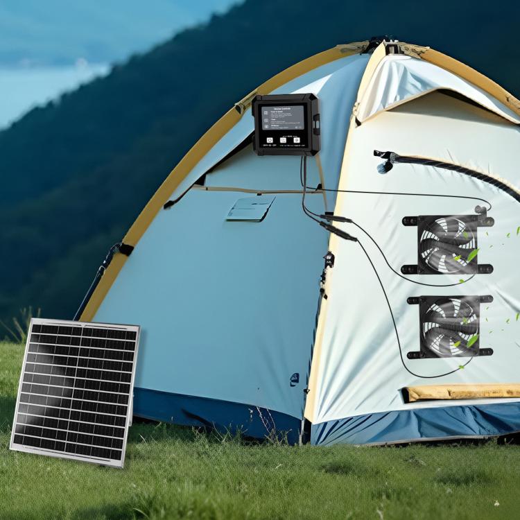Sistema di raffreddamento per pollaio ad energia solare con doppia ventola, avvio/arresto automatico con sensore di luce e timer regolabile.