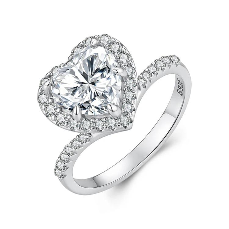 Anello in argento sterling S925 con moissanite a forma di cuore da 2 carati, 6 US Size, 7 US Size, 8 US Size