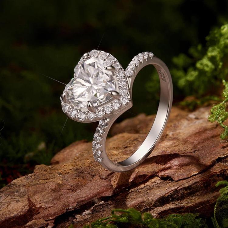 Anello in argento sterling S925 con moissanite a forma di cuore da 2 carati, 6 US Size, 7 US Size, 8 US Size