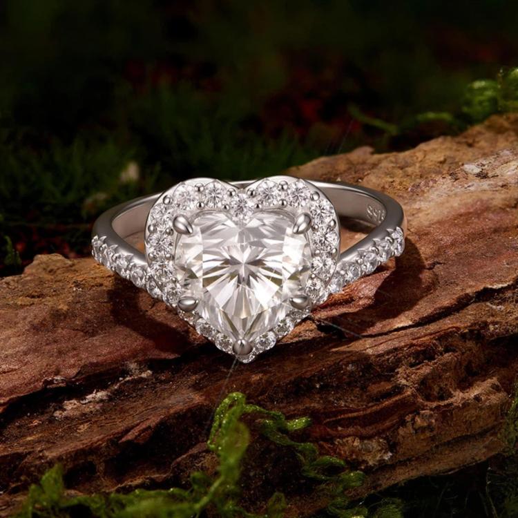 Anello in argento sterling S925 con moissanite a forma di cuore da 2 carati, 6 US Size, 7 US Size, 8 US Size