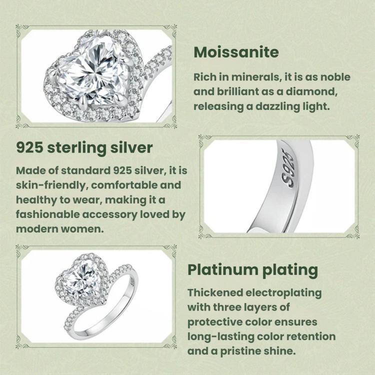 Anello in argento sterling S925 con moissanite a forma di cuore da 2 carati, 6 US Size, 7 US Size, 8 US Size