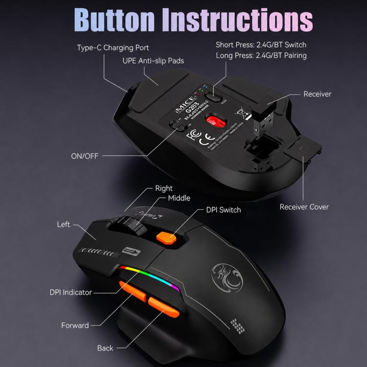 Mouse da gioco wireless iMICE G203 Tri-Mode, 12800 DPI, frequenza di polling di 1000Hz, ricaricabile, con illuminazione RGB., G203