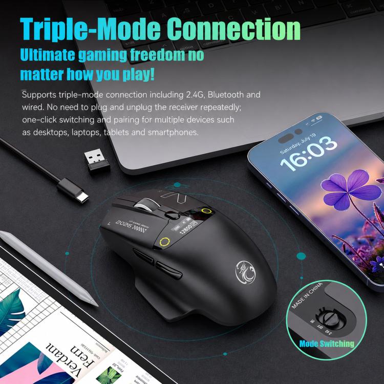 iMICE G205 Tri-Mode Wireless Gaming Mouse With Smart Display Screen 12800 DPI Rechargeable Ergonomic Mouse