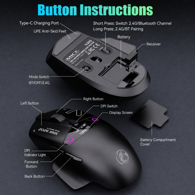 iMICE G205 Tri-Mode Wireless Gaming Mouse With Smart Display Screen 12800 DPI Rechargeable Ergonomic Mouse
