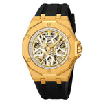 Orologio da polso automatico meccanico da uomo SKMEI M036 con quadrante scheletrato, in acciaio inossidabile, ideale per occasioni formali e informali., Gold Silicone Strap, Silver Silicone Strap, Black Silicone Strap, Gold Stainless Steel Strap       ...