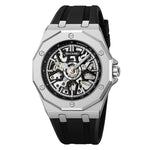 Orologio da polso automatico meccanico da uomo SKMEI M036 con quadrante scheletrato, in acciaio inossidabile, ideale per occasioni formali e informali., Gold Silicone Strap, Silver Silicone Strap, Black Silicone Strap, Gold Stainless Steel Strap       ...