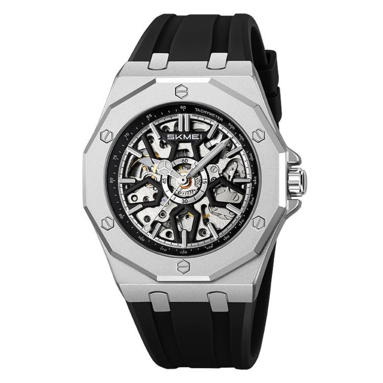 Orologio da polso automatico meccanico da uomo SKMEI M036 con quadrante scheletrato, in acciaio inossidabile, ideale per occasioni formali e informali., Gold Silicone Strap, Silver Silicone Strap, Black Silicone Strap, Gold Stainless Steel Strap       ...