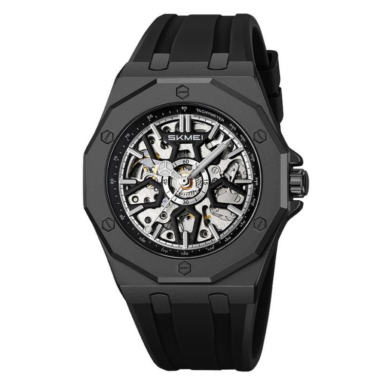 Orologio da polso automatico meccanico da uomo SKMEI M036 con quadrante scheletrato, in acciaio inossidabile, ideale per occasioni formali e informali., Gold Silicone Strap, Silver Silicone Strap, Black Silicone Strap, Gold Stainless Steel Strap       ...