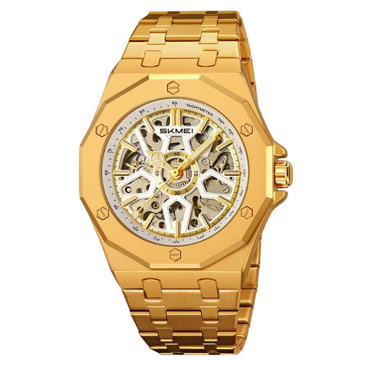 Orologio da polso automatico meccanico da uomo SKMEI M036 con quadrante scheletrato, in acciaio inossidabile, ideale per occasioni formali e informali., Gold Silicone Strap, Silver Silicone Strap, Black Silicone Strap, Gold Stainless Steel Strap       ...
