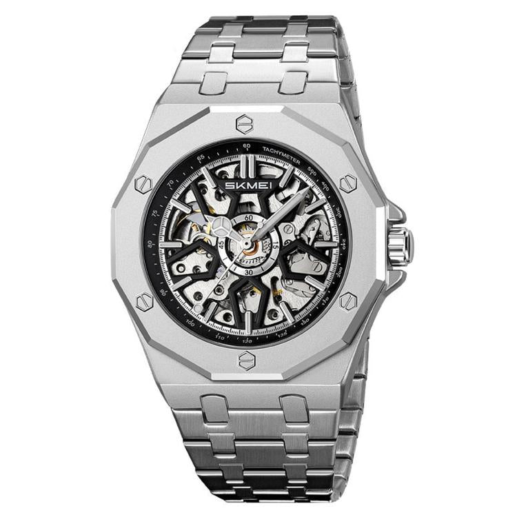 Orologio da polso automatico meccanico da uomo SKMEI M036 con quadrante scheletrato, in acciaio inossidabile, ideale per occasioni formali e informali., Gold Silicone Strap, Silver Silicone Strap, Black Silicone Strap, Gold Stainless Steel Strap       ...