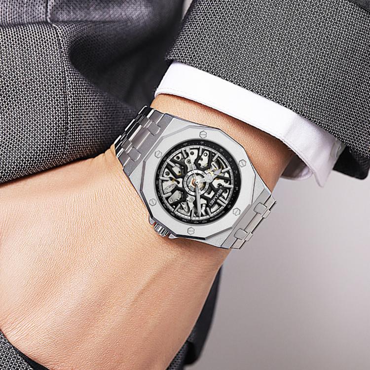 Orologio da polso automatico meccanico da uomo SKMEI M036 con quadrante scheletrato, in acciaio inossidabile, ideale per occasioni formali e informali., Gold Silicone Strap, Silver Silicone Strap, Black Silicone Strap, Gold Stainless Steel Strap       ...