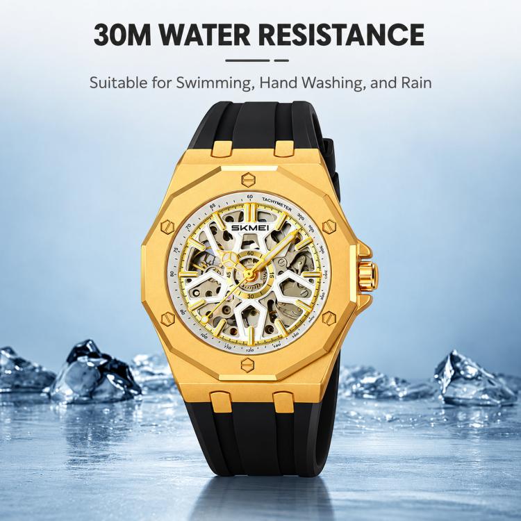 Orologio da polso automatico meccanico da uomo SKMEI M036 con quadrante scheletrato, in acciaio inossidabile, ideale per occasioni formali e informali., Gold Silicone Strap, Silver Silicone Strap, Black Silicone Strap, Gold Stainless Steel Strap       ...