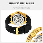 Orologio da polso automatico meccanico da uomo SKMEI M036 con quadrante scheletrato, in acciaio inossidabile, ideale per occasioni formali e informali., Gold Silicone Strap, Silver Silicone Strap, Black Silicone Strap, Gold Stainless Steel Strap       ...