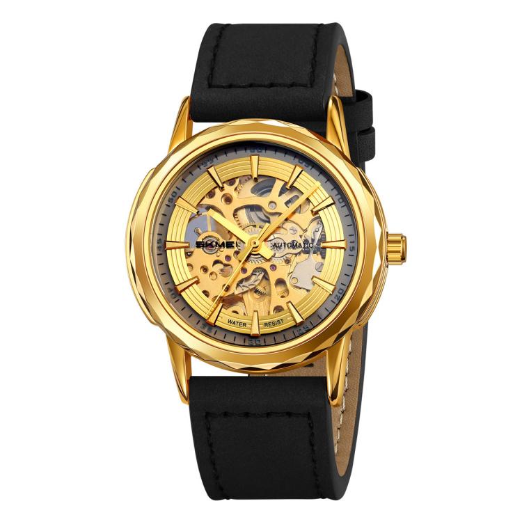 Orologio da polso meccanico automatico SKMEI M035 da uomo, scheletrato, elegante e da lavoro., Gold Stainless Steel, Silver Stainless Steel, Gold Case Black Leather Strap, Silver Case Dark Brown Leather Strap, Silver Case Light Brown Leather Strap     ...